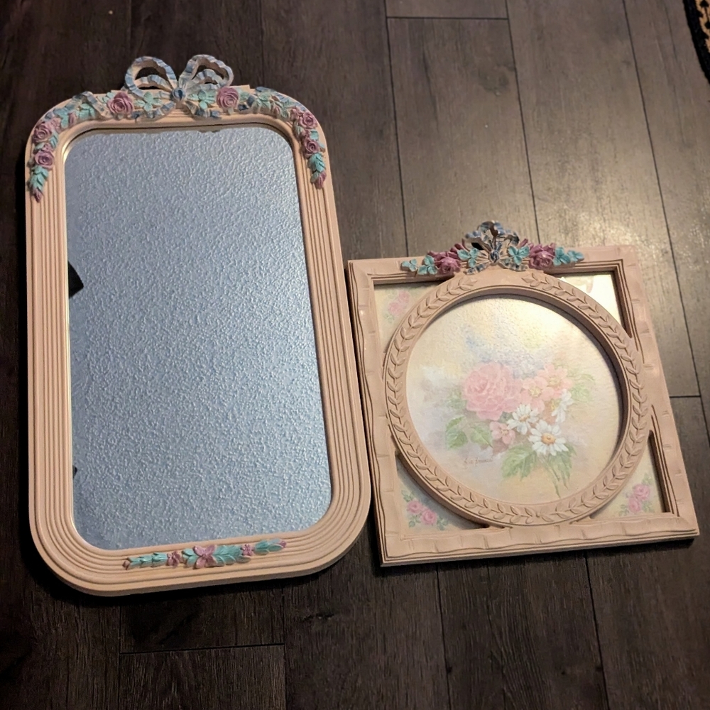 Coquettecore Homco Home Interior Wall Mirror & Picture Ribbons Bows Roses